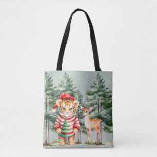 Tote Bag Le tigre de père Noël et le sapin des cerfs Noël