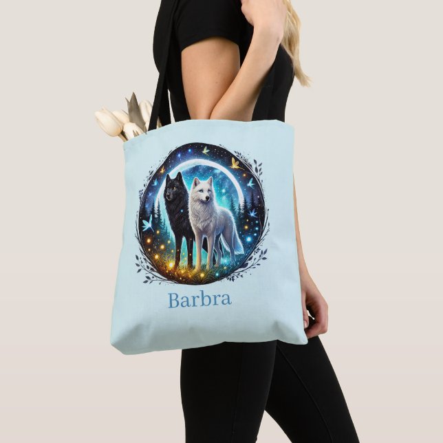 Tote Bag Les amoureux des loups mignons ajoutent un nom  (De près)