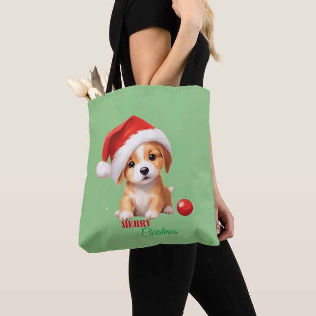 Tote Bag Les animaux mignons chiot d'hiver Chien Père Noël  (De près)