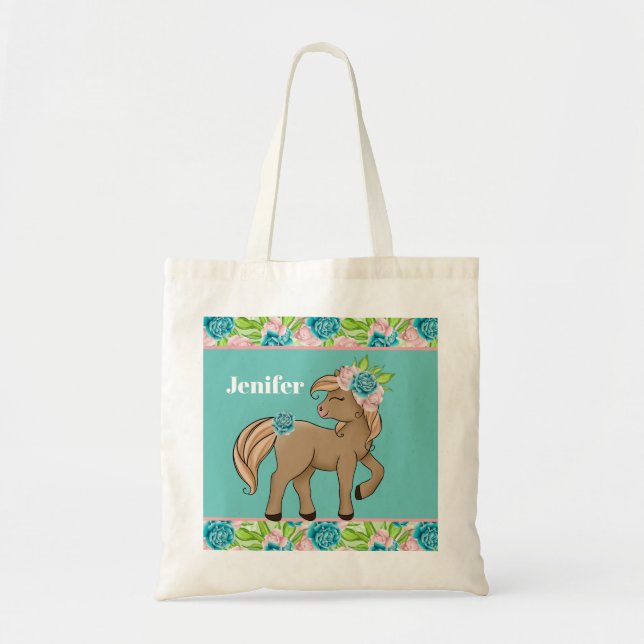Tote Bag Les mignons enfants cheval amoureux ajouter le nom (Devant)