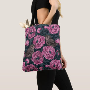 Tote Bag Les pivoines et les brins sur gris foncé