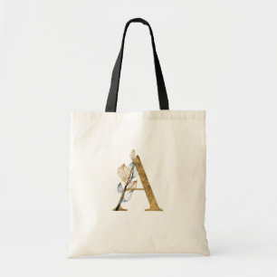 Tote Bag *~* Letter A Gold Monogram Initial Black Leaves