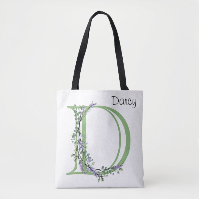 Tote Bag Lettre alphabétique D aquarelle Lavande Eucalyptus (Devant)