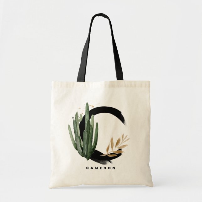 Tote Bag Lettre boho C Monogramme Aquarelle Tropical Cactus (Devant)