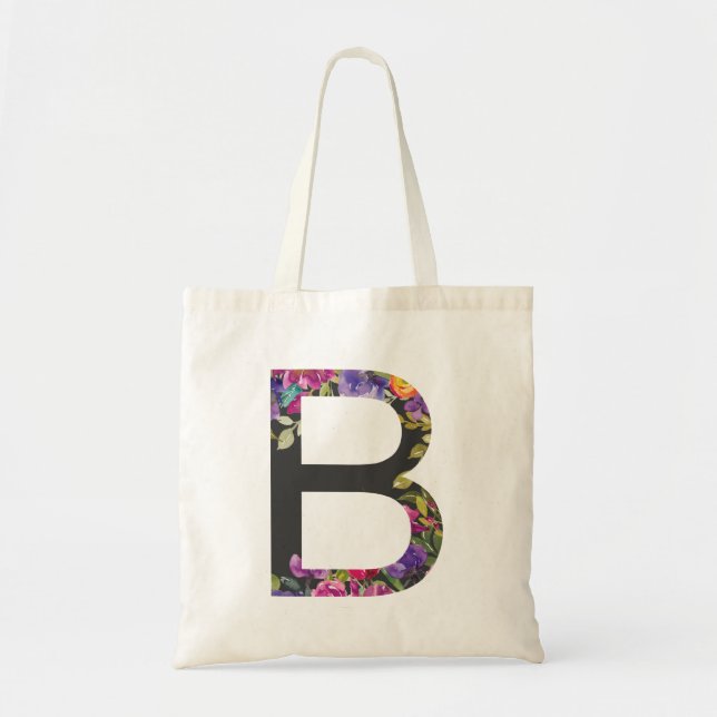 Tote Bag LETTRE BOtanique Fleurs violettes B MONogramme (Devant)