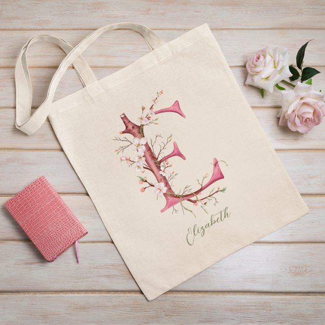 Tote Bag Lettre Cherry Blossom 'E' Monogramme Nom personnal (Créateur téléchargé)