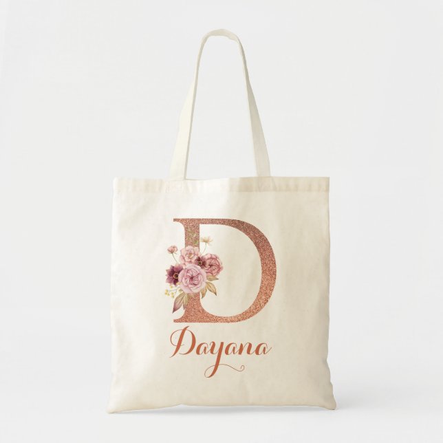 Tote Bag Lettre D Blush rose Paillettes Floral Monogramme  (Devant)