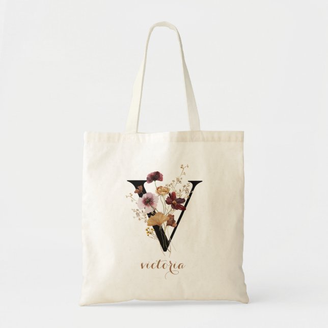Tote Bag Lettre de monogramme personnalisée moderne florale (Devant)