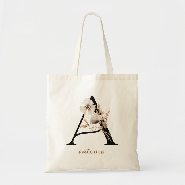 Tote Bag Lettre de monogramme personnalisée moderne florale (Devant)