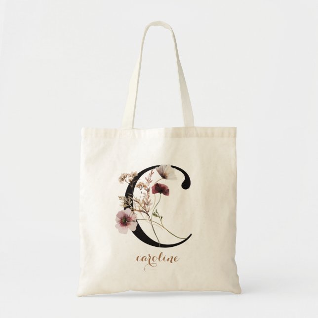 Tote Bag Lettre de monogramme personnalisée moderne florale (Devant)