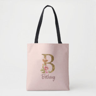 Tote Bag Lettre de nom personnalisée B Roses rose blush feu