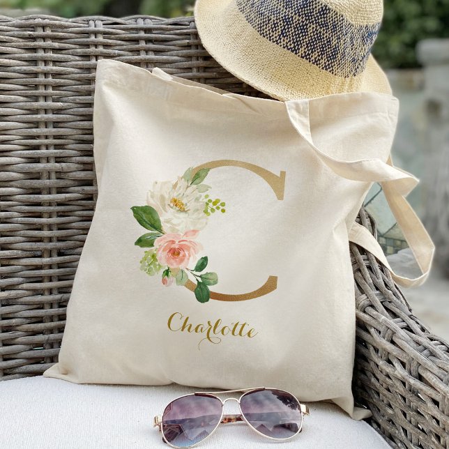 Tote Bag Lettre d'or C et florale floue personnalisée (Créateur téléchargé)