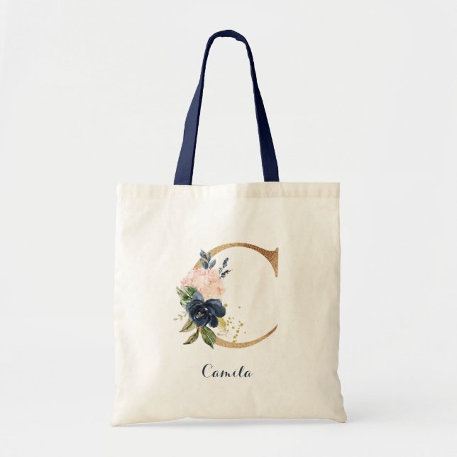 Tote Bag Lettre d'or C et florale floue personnalisée (Devant)