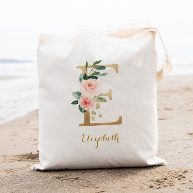 Tote Bag Lettre d'or E et florale floue personnalisée (Créateur téléchargé)