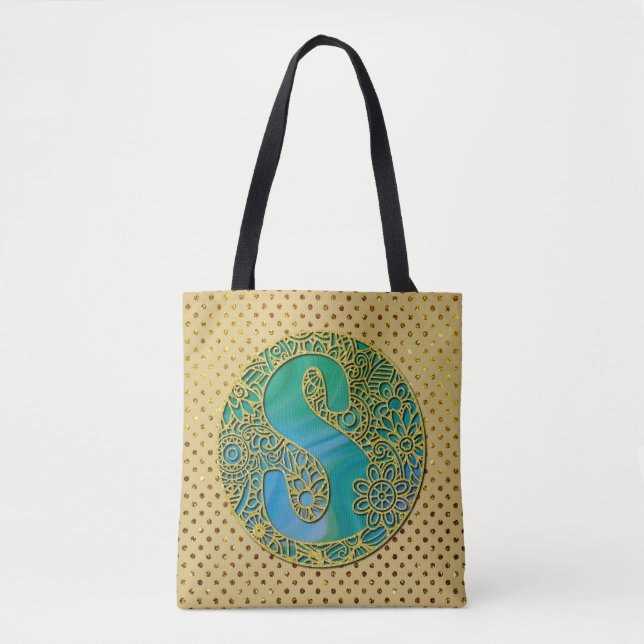 Tote Bag Lettre d'or initiale et turquoise du Monogramme mo (Devant)