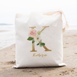 Tote Bag Lettre d'or K et florale floue personnalisée