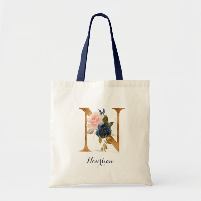 Tote Bag Lettre d'or N et florale floue personnalisée (Devant)