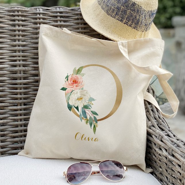 Tote Bag Lettre d'or O et florale floue personnalisée (Créateur téléchargé)