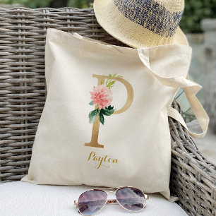 Tote Bag Lettre d'or P et floral flou Personnalisé