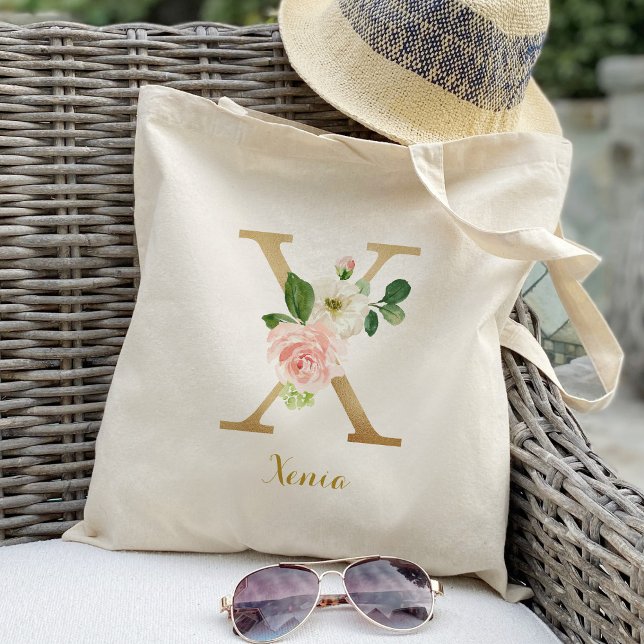 Tote Bag Lettre d'or X et florale floue personnalisée (Créateur téléchargé)