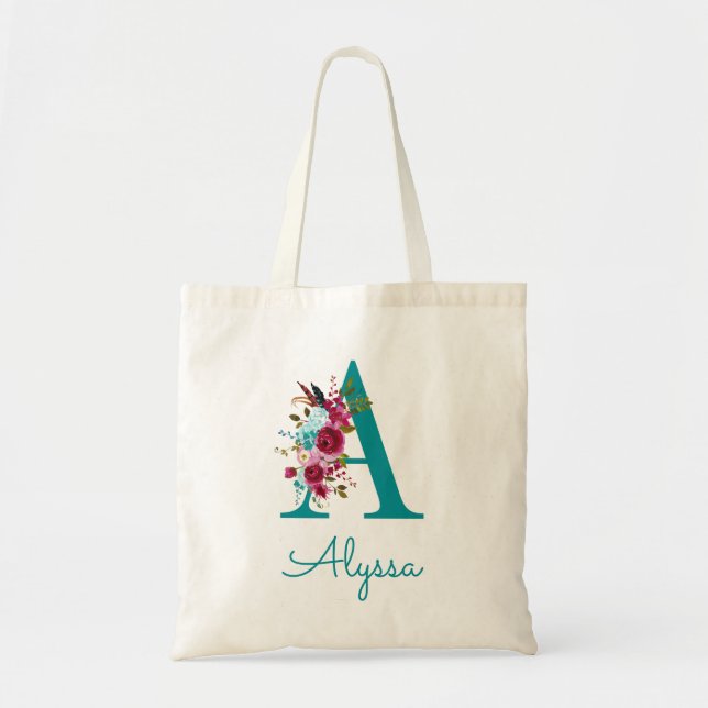 Tote Bag LETTRE Florale A Script Monogramme rose Turquoise (Devant)