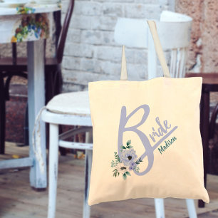 Tote Bag LETTRE Florale Bleu Dusty Mariée personnalisée