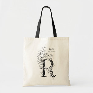 Tote Bag Lettre florale botanique R monogrammée rustique