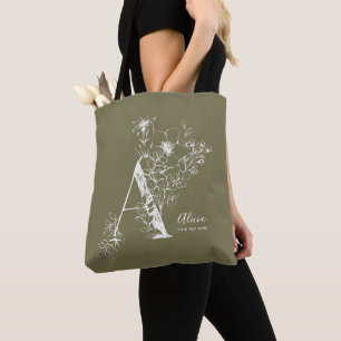 Tote Bag Lettre florale botanique Un monogrammed rustique 