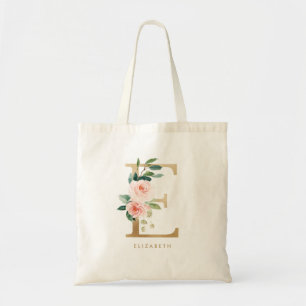 Tote Bag Lettre florale de pivoine E Monogramme or Bridesma