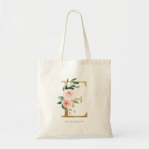 Tote Bag LETTRE Florale Faux Gold Foil E Monogramme Bridesm