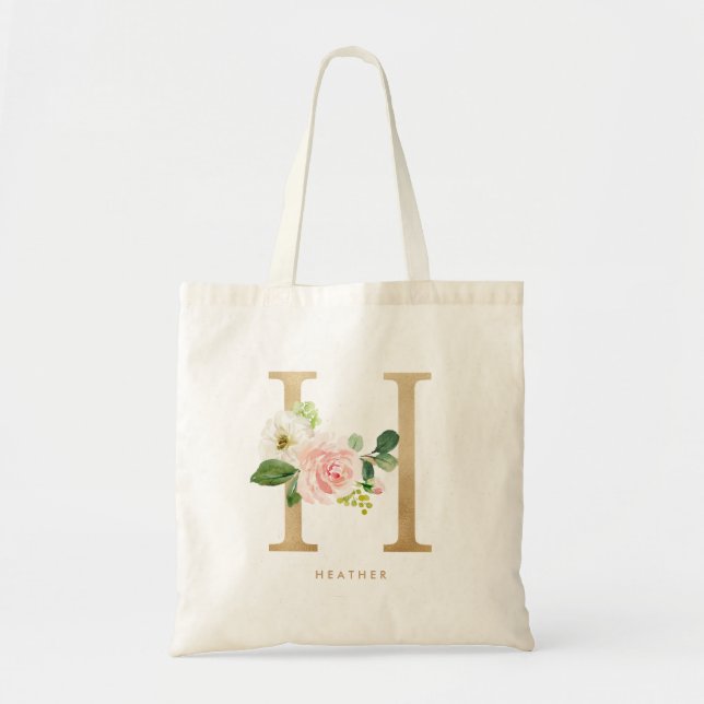 Tote Bag LETTRE Florale Faux Gold Foil H Monogramme Bridesm (Devant)