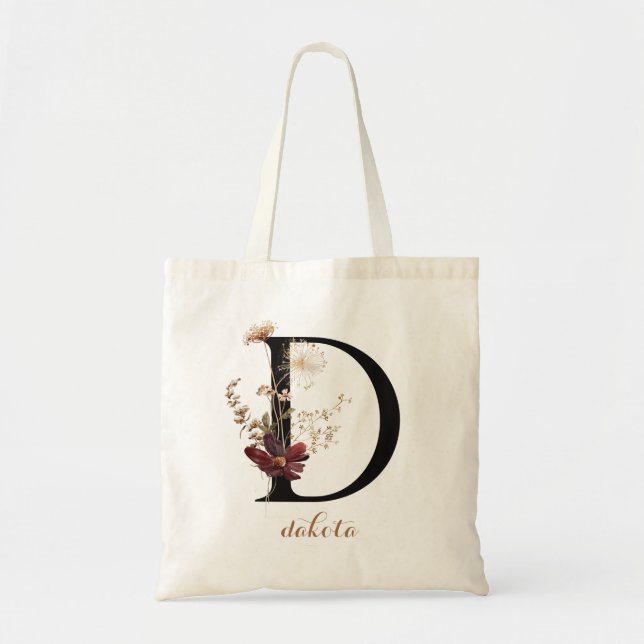 Tote Bag Lettre Florale moderne personnalisée Monogramme "D (Devant)