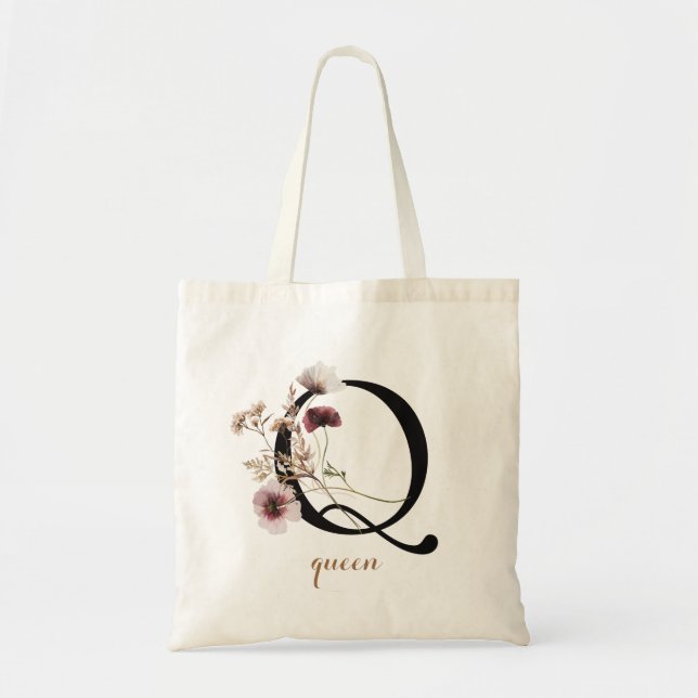 Tote Bag Lettre Florale moderne personnalisée Monogramme "Q (Devant)