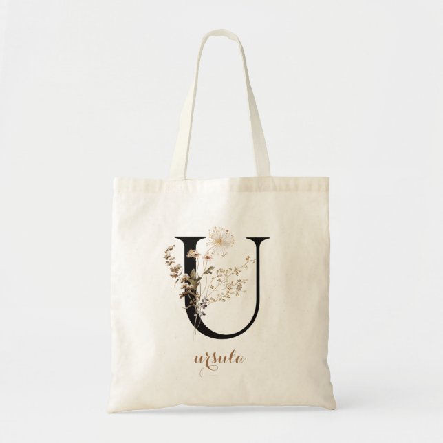 Tote Bag Lettre Florale moderne personnalisée Monogramme "U (Devant)