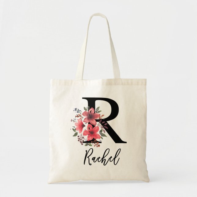 Tote Bag Lettre Florale noire R Monogramme avec nom personn (Devant)