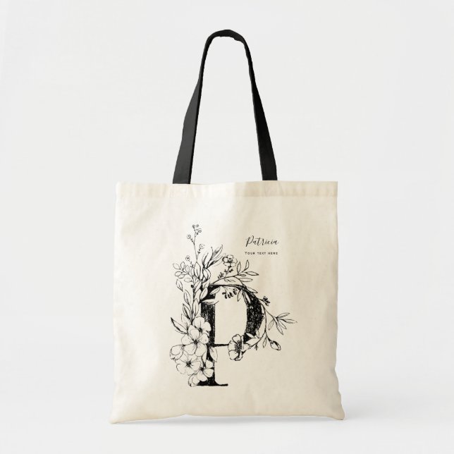 Tote Bag LETTRE Florale P ferme botanique monogrammée (Devant)