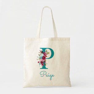 Tote Bag LETTRE Florale P Script Monogramme rose Turquoise