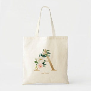 Tote Bag Lettre florale Peony A Monogramme Or Bridesmaid