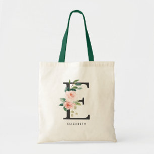 Tote Bag Lettre florale Peony E Monogramme noir Bridesmaid