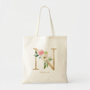 Tote Bag Lettre florale Pivoine N Monogramme Or Demoiselle