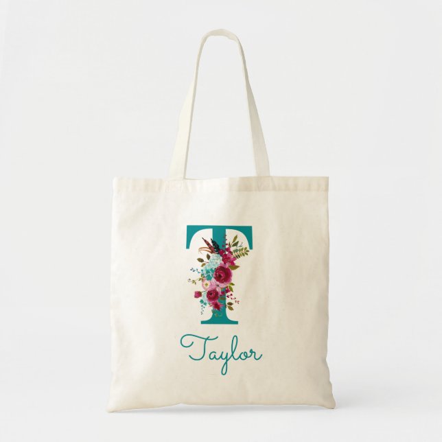 Tote Bag LETTRE Florale T Script Monogramme rose Turquoise (Devant)