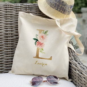 Tote Bag Lettre L dorée et fleurs roses personnalisées
