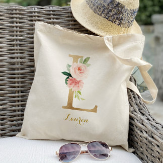 Tote Bag Lettre L dorée et fleurs roses personnalisées