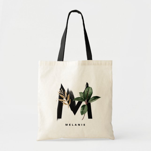 Tote Bag Lettre M Monogramme | Bridesmaid Feuille tropicaux (Devant)