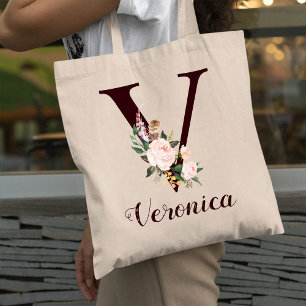 Tote Bag Lettre minimale V Blush Floral Cadeau personnalisé