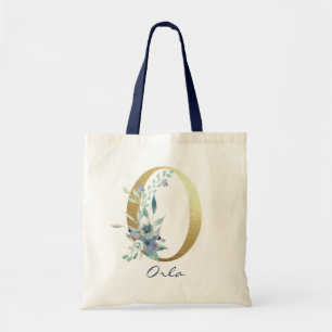 Tote Bag Lettre Monogramme Dorée O Décor Floral Bleu Nom