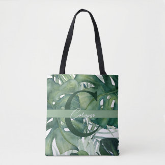 Tote Bag Lettre monogramme Feuilles tropicaux Monstera Gree