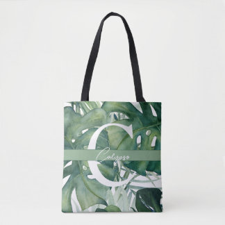 Tote Bag Lettre monogramme Feuilles tropicaux Monstera Gree