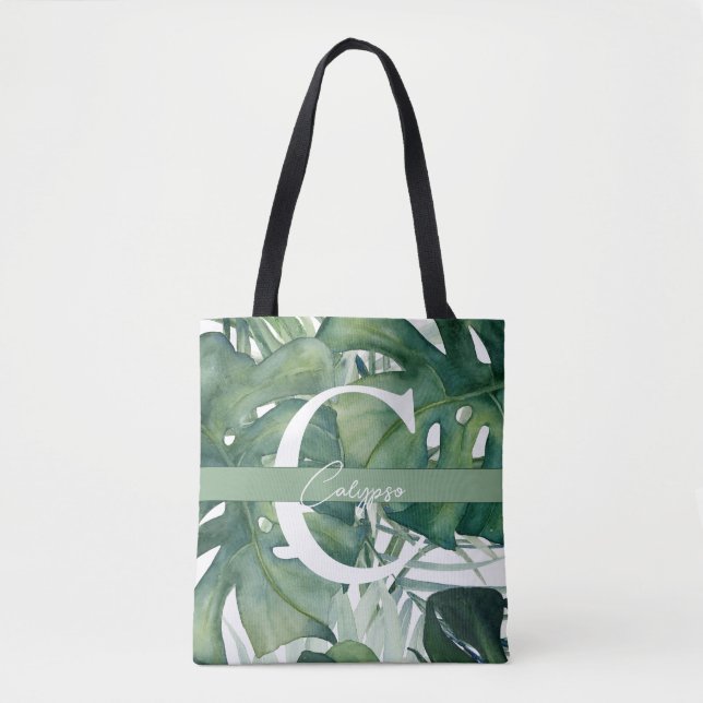 Tote Bag Lettre monogramme Feuilles tropicaux Monstera Gree (Devant)