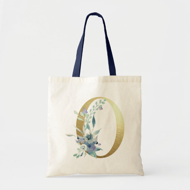 Tote Bag Lettre Monogramme or O Fleurs d'aquarelle bleue (Devant)